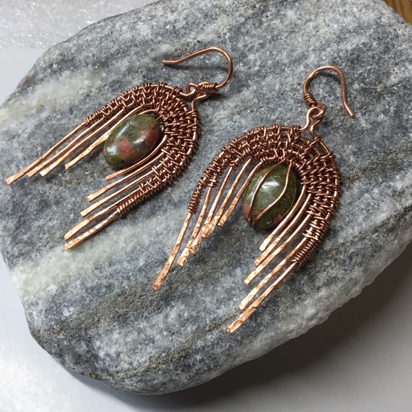 Unakite on copper - art-deco style earrings - Picture 4 of 7
